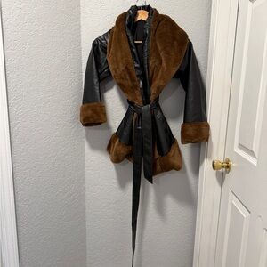 Faux Leather Trench Coat with Brown Faux Fur Trim